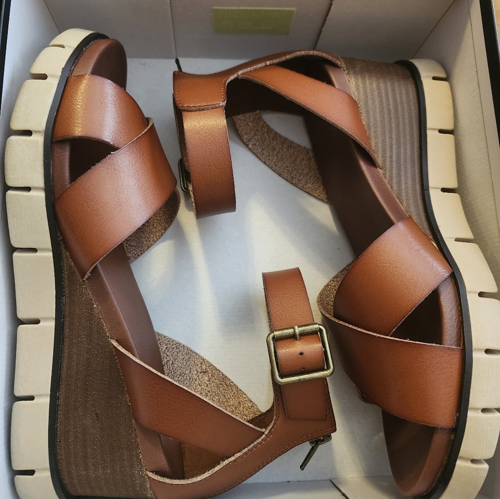 MIA Brown Leather Wedge Sandals with Ankle Strap